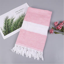 Load image into Gallery viewer, Striped Cotton Turkish Bath Towel with Tassels Thin Travel Camping Bath Sauna Beach Gym Pool Blanket Absorbing Easy Care
