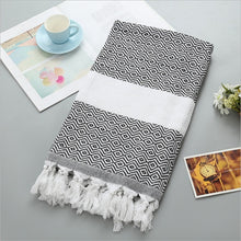 Load image into Gallery viewer, Striped Cotton Turkish Bath Towel with Tassels Thin Travel Camping Bath Sauna Beach Gym Pool Blanket Absorbing Easy Care