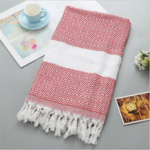 Load image into Gallery viewer, Striped Cotton Turkish Bath Towel with Tassels Thin Travel Camping Bath Sauna Beach Gym Pool Blanket Absorbing Easy Care
