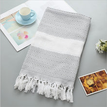 Load image into Gallery viewer, Striped Cotton Turkish Bath Towel with Tassels Thin Travel Camping Bath Sauna Beach Gym Pool Blanket Absorbing Easy Care