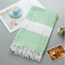 Load image into Gallery viewer, Striped Cotton Turkish Bath Towel with Tassels Thin Travel Camping Bath Sauna Beach Gym Pool Blanket Absorbing Easy Care