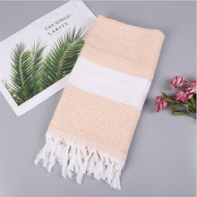 Load image into Gallery viewer, Striped Cotton Turkish Bath Towel with Tassels Thin Travel Camping Bath Sauna Beach Gym Pool Blanket Absorbing Easy Care