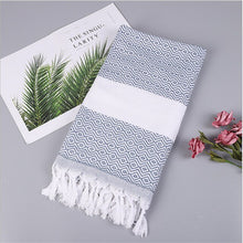 Load image into Gallery viewer, Striped Cotton Turkish Bath Towel with Tassels Thin Travel Camping Bath Sauna Beach Gym Pool Blanket Absorbing Easy Care